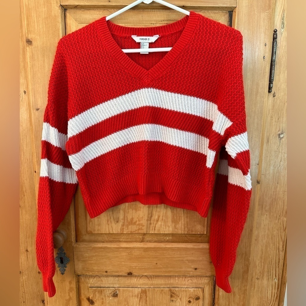 Forever 21 Cropped Sweater Sz S Red w/White Stripes Academia Clueless Preppy